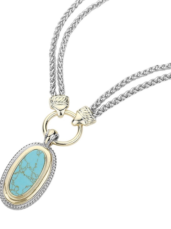 Jewelry - 14KGP Two-Tone Silver & Gold Double Chain Necklace with Turquoise Oval Pendant